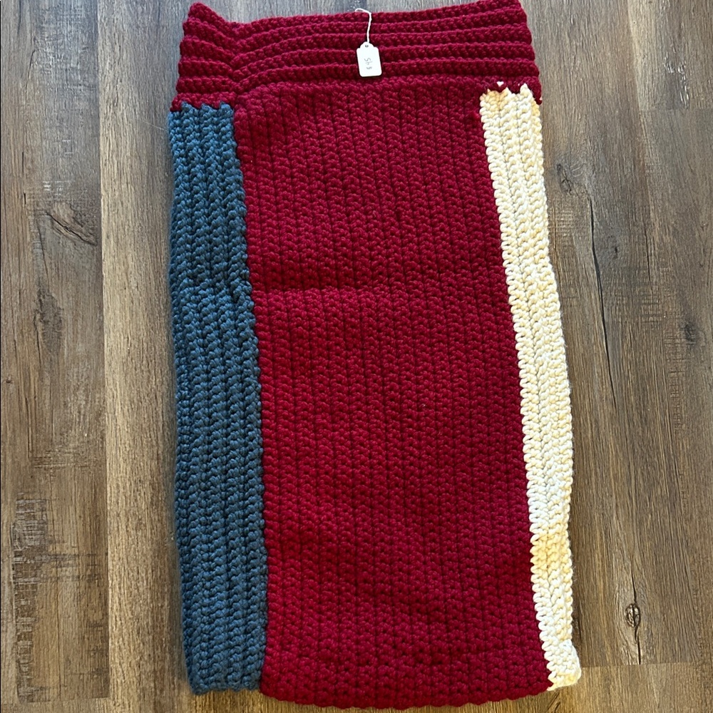 Tricolor Ribbed Knit Midi Skirt - Burgundy with Navy and Ivory Stripes